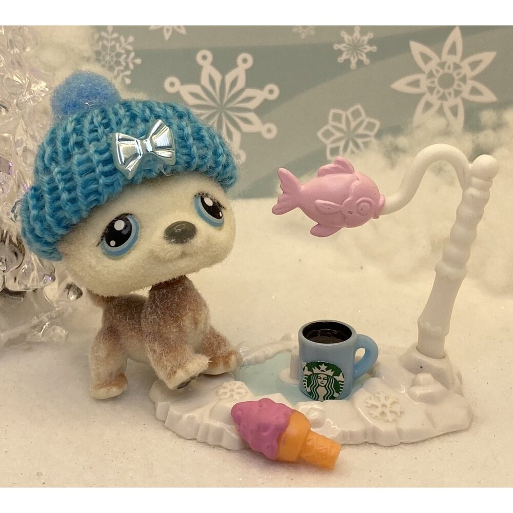 Littlest Pet Shop Custom Flocked Fuzzy # 68 Brown White Husky Blue Eyes